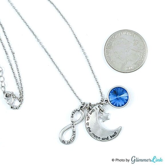 Silver Tone Crescent Moon Infinity & Blue Rhinestone Charms Necklace - Picture 5 of 6